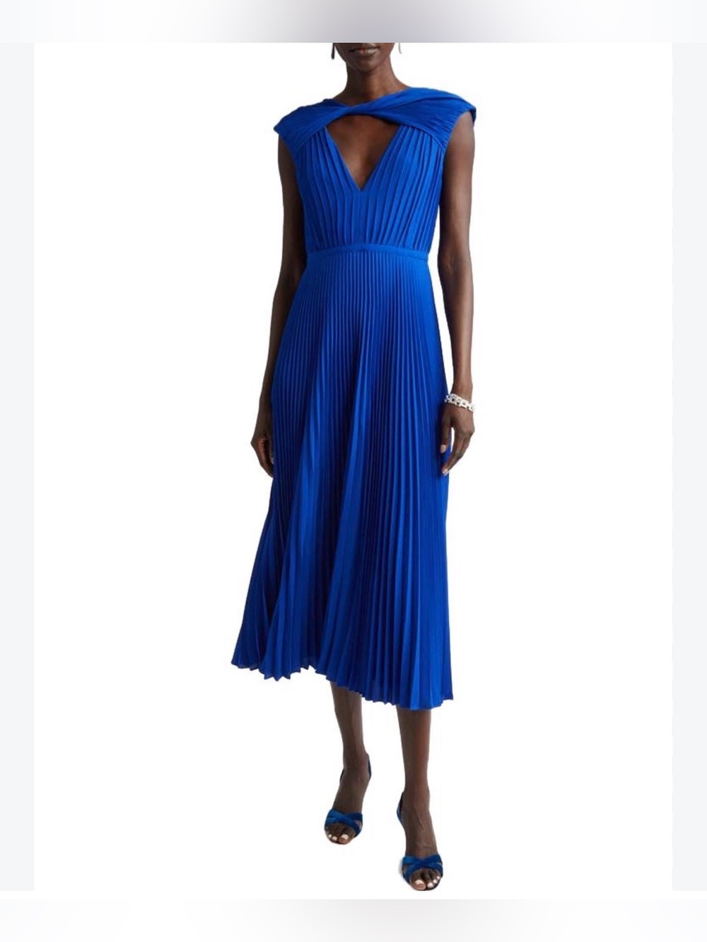 St. John Royal Blue Pleated Midi Dress XL Open Back Wedding Guest